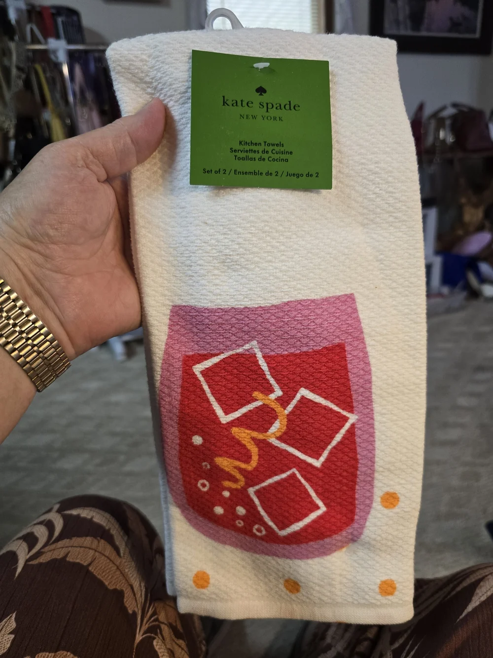 Kate Spade NWT 2 White Kitchen Towel with Pink & Red Drink Design